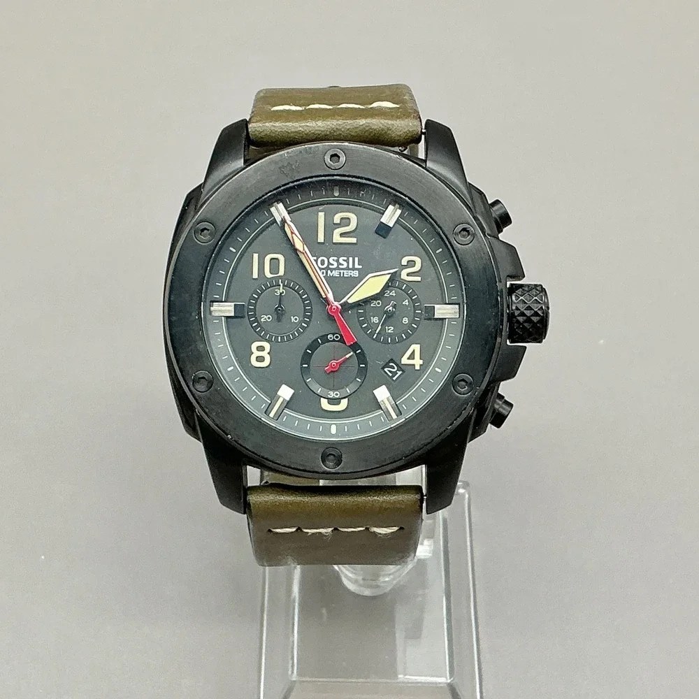 Fossil Watch Men Machine FS5000 Chronograph Black Green Leather 40mm NEW BATTERY